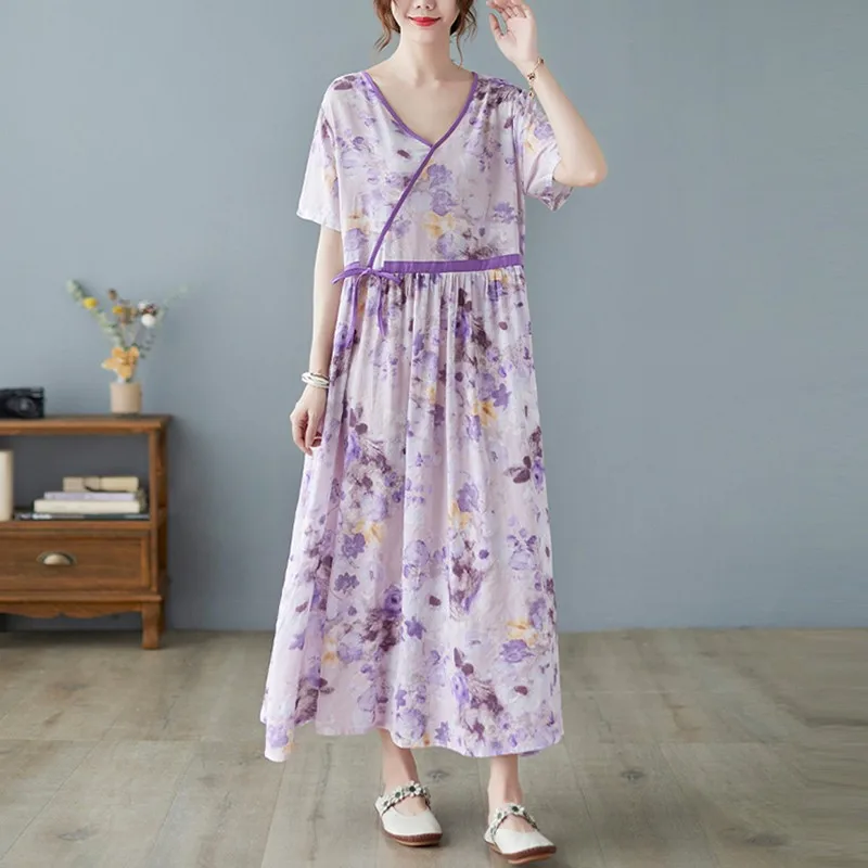 

Women Summer Cotton Linen Long Dress New Arrival 2021 Vintage Style V-neck Floral Print Female Loose Casual Maxi Dresses B539