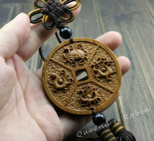 

Chinese Feng Shui Geomancy Four God Dragon Knot Wood Carving Car Pendant Amulet