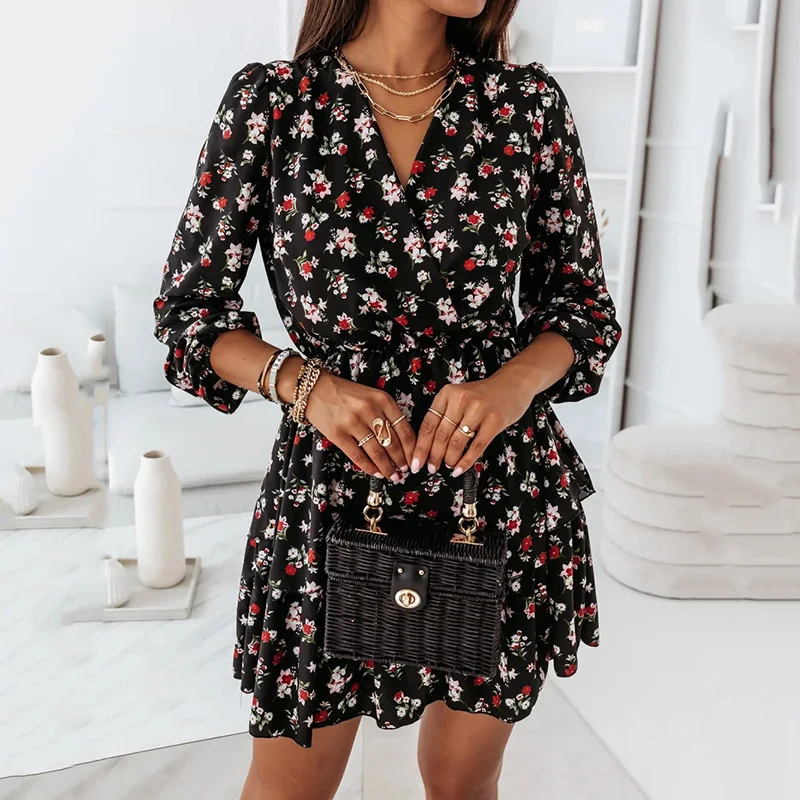 

Midi Chiffon Long Sleeve Print Autumn Women's Dress 2021 V-neck Floral A-line Ladies Loose Casual Elegant Feminine Short Dresses