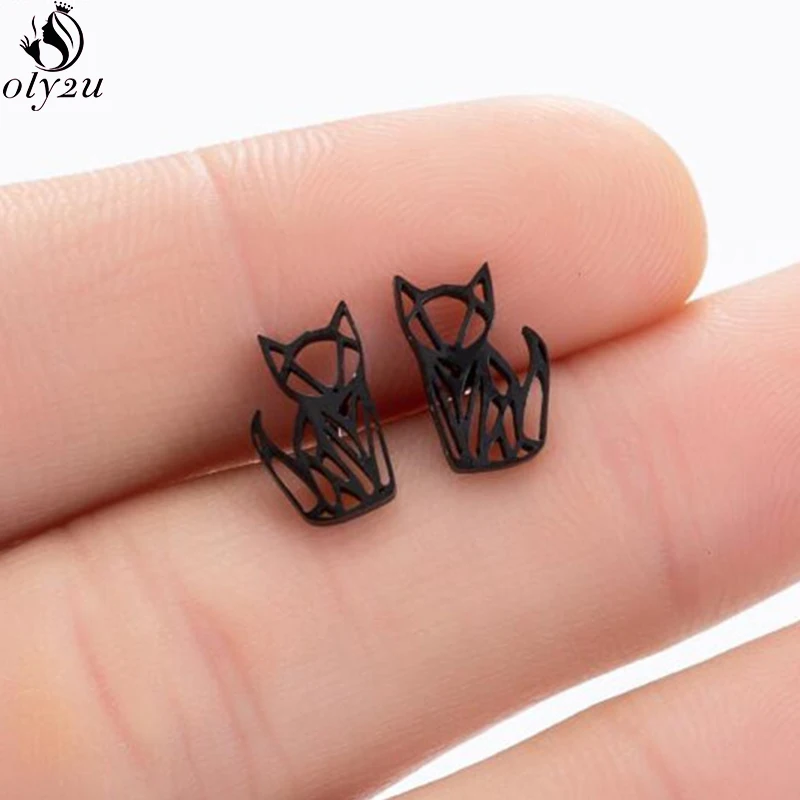 

Black Punk Origami Cat Stud Earrings Mini Stainless Steel Animal Earings Fashion Jewelry for Women Cute Fox Studs Friend Gift