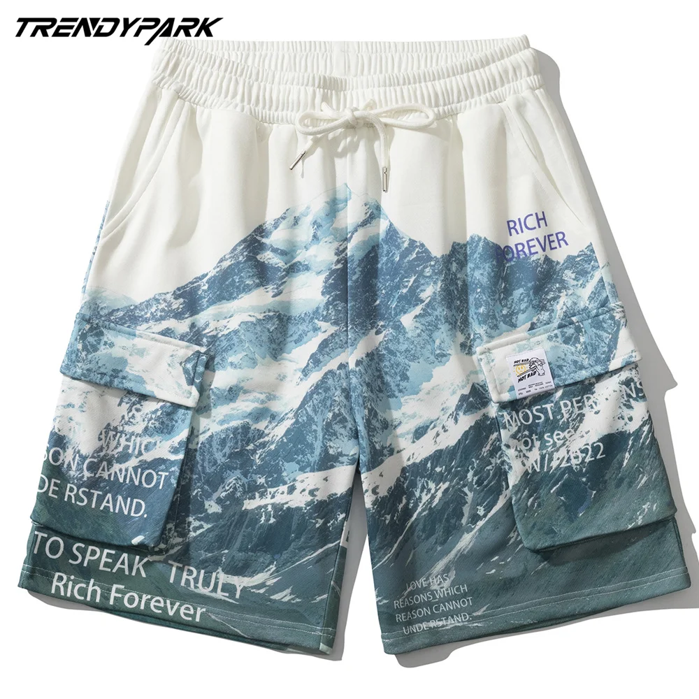 

Men's Short Summer Hip Hop Oversize Snow Mountain Pockets Soft Polyester Streetwear Harajuku Sweatpant Drawstrings Casual Shorts