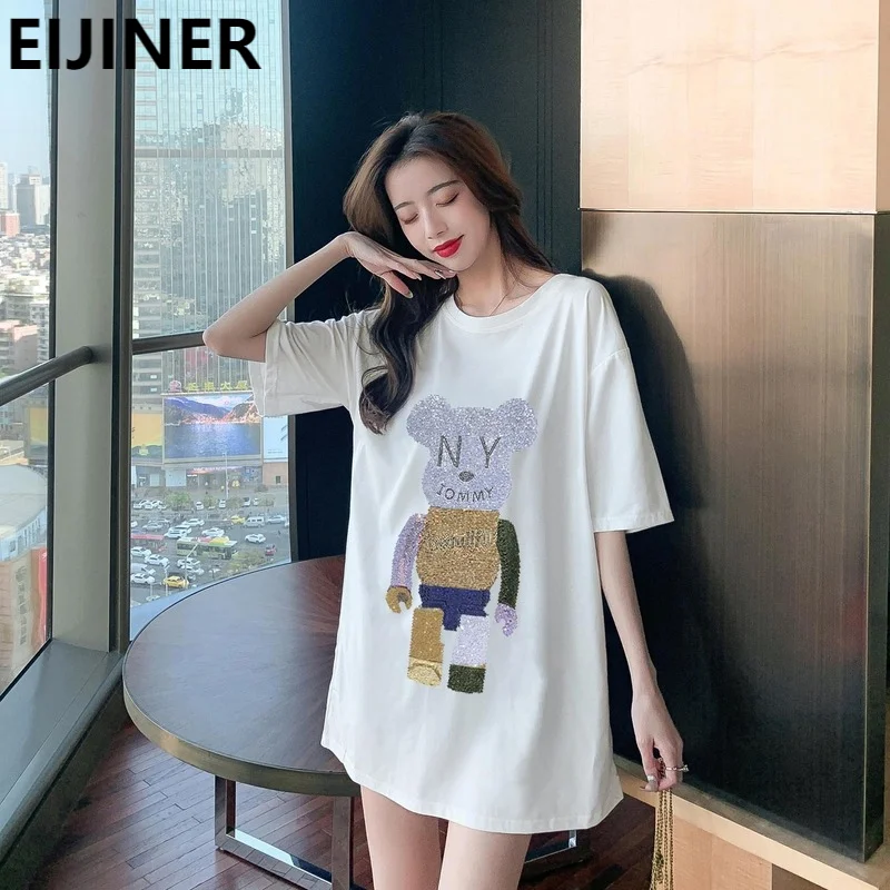 

Plus Size Rhinestone Harajuku Cartoon Short-Sleeved T-Shirt Women's 2021 Summer Korean Casual Crewneck Kawaii Mid-length Tops