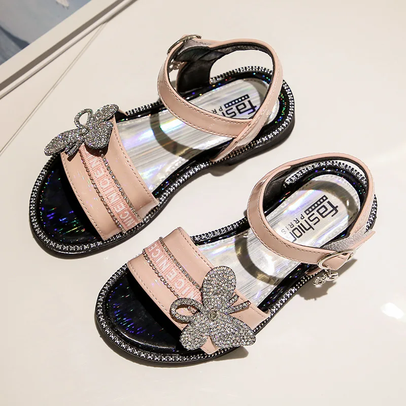 Пляжные сандалии принцессы с бабочкой и стразами летние мягкие повседневные для