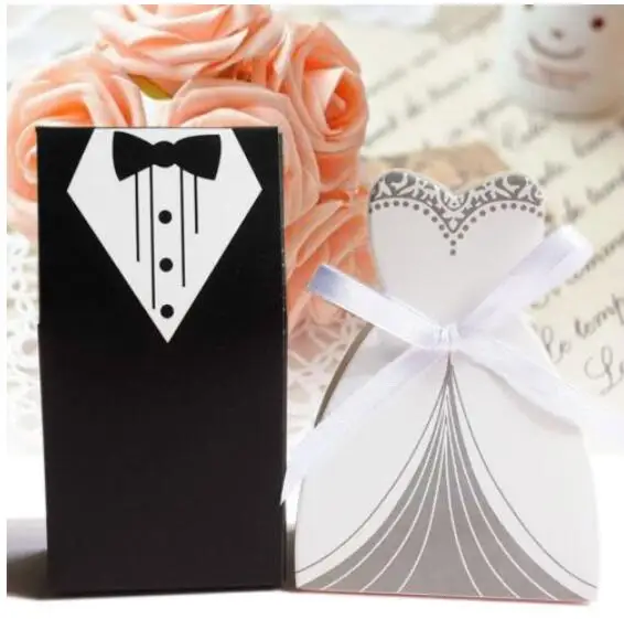100PCS/Set Wedding Favor Candy Box Bride &amp Groom Dress Tuxedo Party w/ Ribbon boite dragees de mariage | Дом и сад