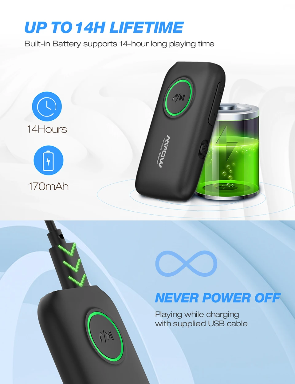 Mpow BH390 Bluetooth адаптер Bluetooth 5,0 приемник и передатчик 2 в 1 AptX HD аудио для ТВ автомобиля Aux Bluetooth динамик