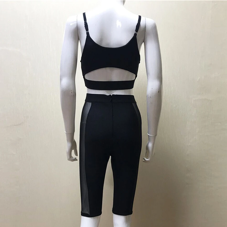 2021 black new women's mesh gauze stitching bandage set sexy hollow Italian top nine pants 2 two-piece sports party jumpsuit |