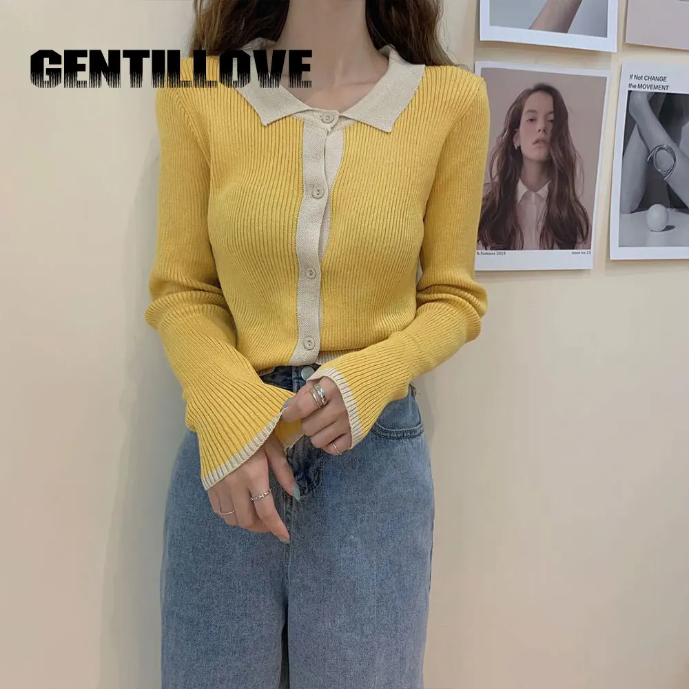 

Autumn Winter Contrast Color Knitted Women Cardigan Long Sleeve Polo Collar Single Breasted Ribbed Sweater Slim Bottoming Top