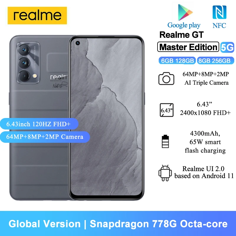 

Realme GT Master Edition Global Version Smartphones 6.43" Snapdragon 778G Octa-core 65W Fast charging 64MP Mobile Phones