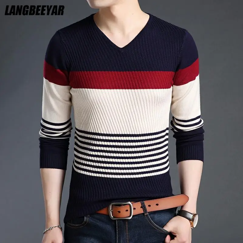 

High Quality New Fashion Brand Korean V Neck Knitted Jumper Men Pullover Striped Sweater Autum Slim Fit Casual Men Clothes