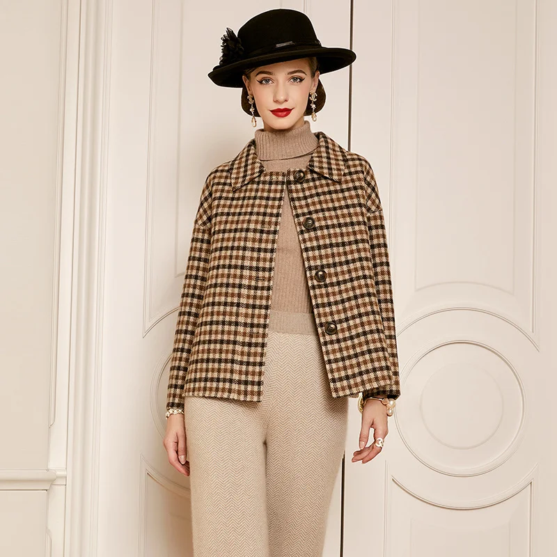 

SHZQ Camel Plaid Coat Women's Short 2021 Winter New Wool Square Neck Double-sided Cashmere Coat