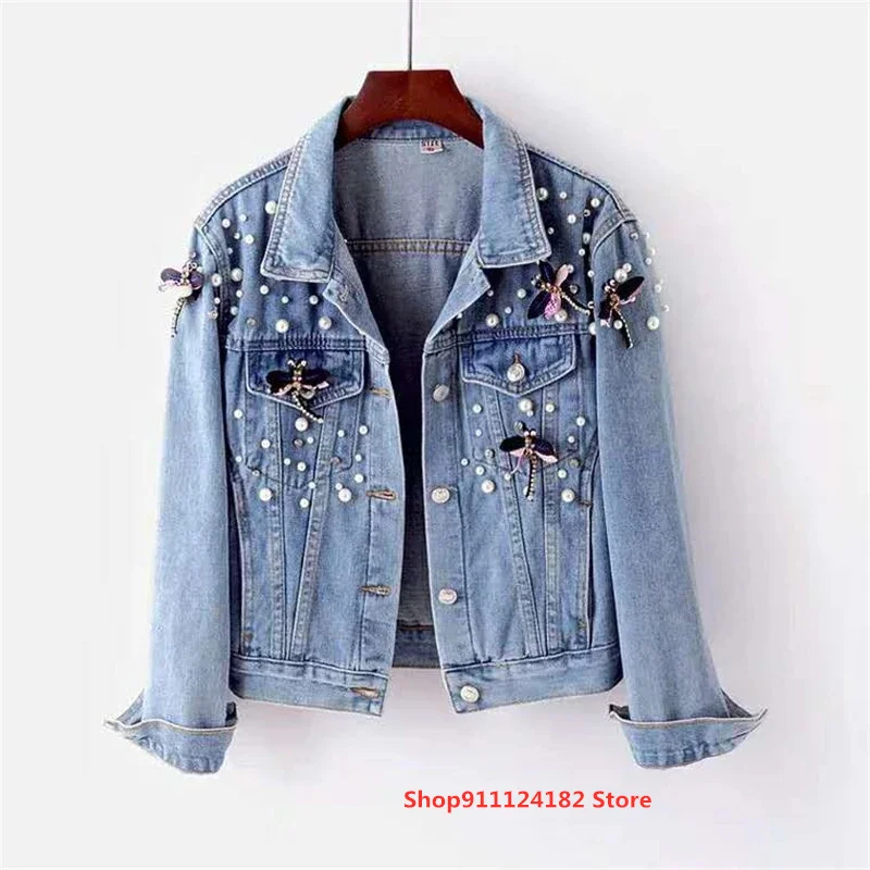 

Spring Autumn Denim Jacket Coat Women Beading Loose Overcoat Jeans Jacket Basic Coats Streetwear Long Sleeve Casual Outerwear