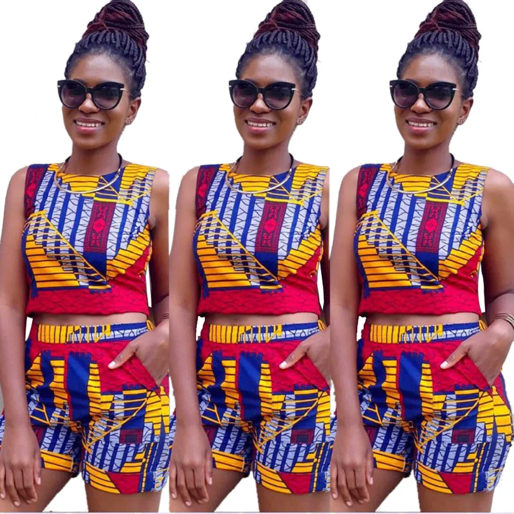 Одежда в африканском стиле Летняя Повседневная Женский комплект 2 шт. без рукавов