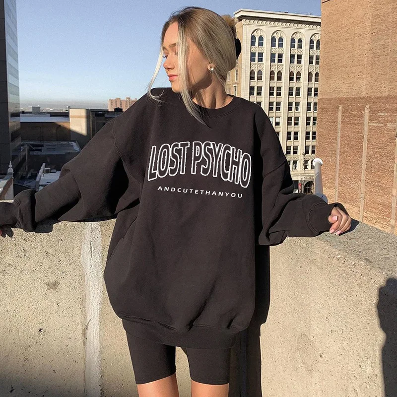 

Oversize Women Vintage Streetwear Warm Hip Hop White Black Printed Sweatshirt Autumn O-neck Pullover Black Casual Sweatshirts