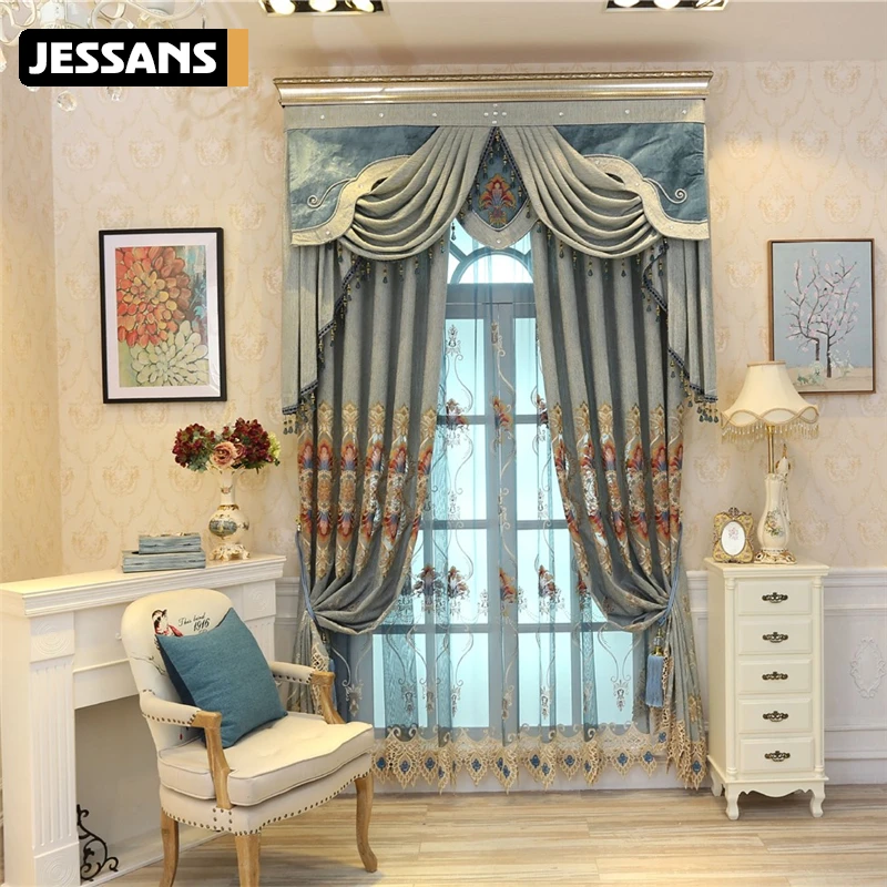 

European top luxury embroidery Blackout curtains with Living Room Royal classic blue custom floor curtains for bedroom/kitchen
