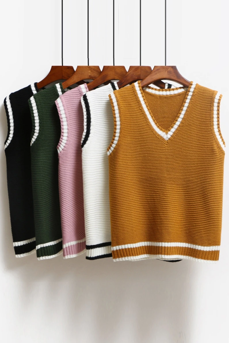 

New 2020 Autumn Winter Cute Girls Pullover Vest Sweater Pink Knitted Women Sweaters Vest Sleeveless V Neck Casual Sweater S-XL