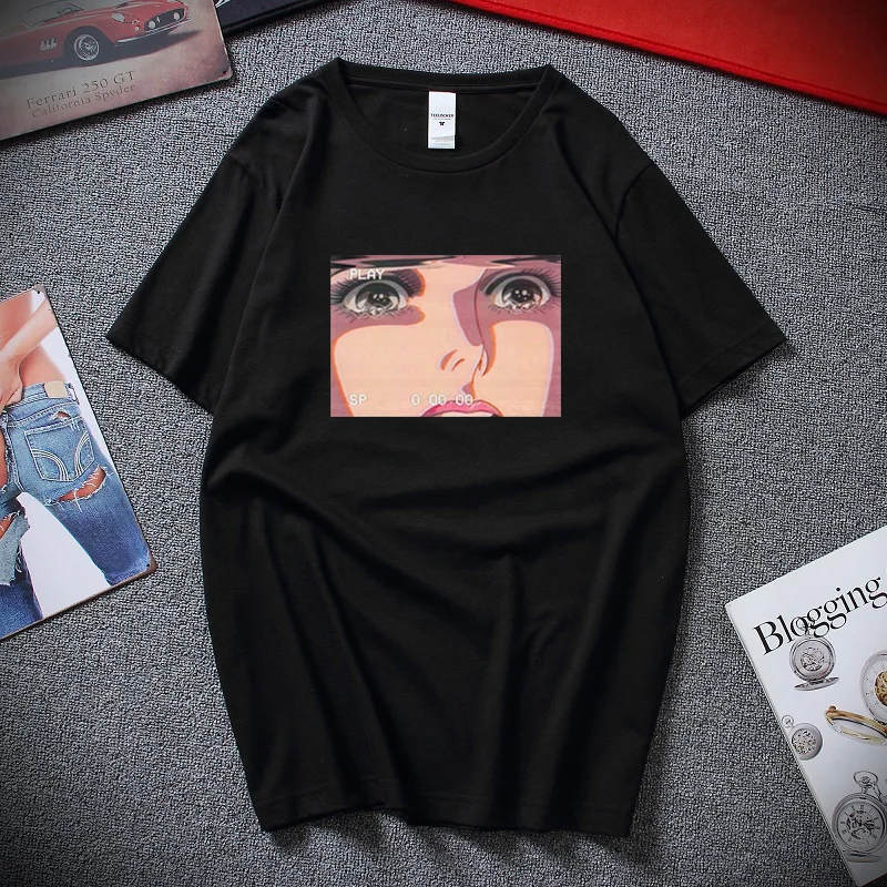 Футболка с принтом грустного запоминания анимации плача глаз Vaporwave хлопковая