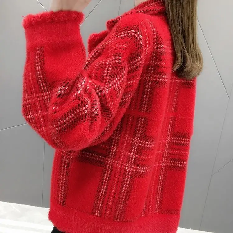 

2021 Autumn Winter Women Faux Mink Fur Coat Plaid Single Breasted Casual New Fashion High Quality Warm Female Outwears M105