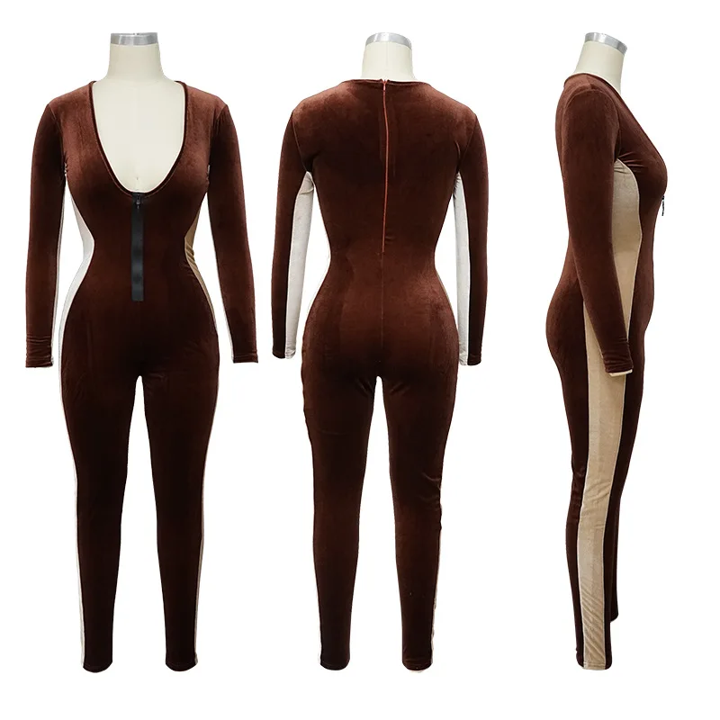 

ANJAMANOR Brown Ribbed Knitted V Neck Long Sleeve Jumpsuits for Women 2020 Fall Clothes Bodycon Tracksuit Sexy Clubwear D37-DE42