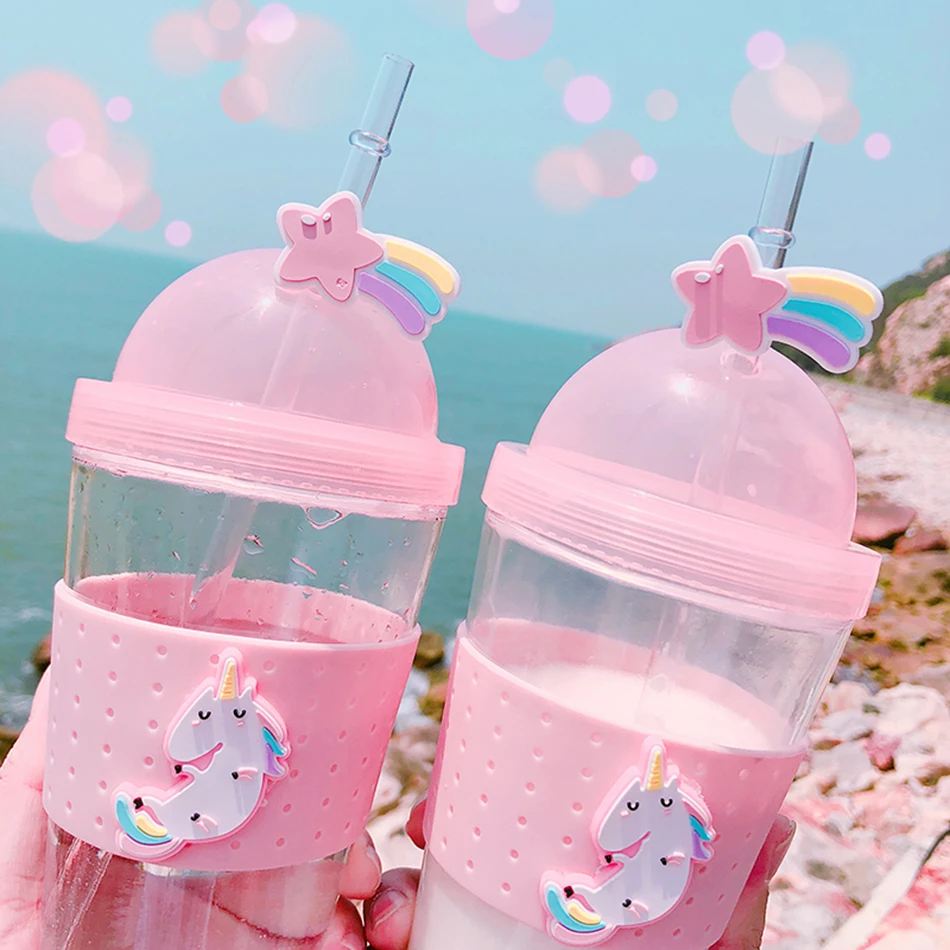 Boxi Kpop Kawaii стеклянная бутылка для воды для девочек, мультяшная Милая бутылка для воды для детей и взрослых, чашка для воды с крышкой и соломенными ручными чашками