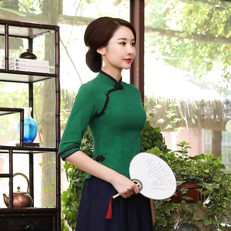 Женская кружевная блузка Cheongsam блузка красная кружевная рубашка Ципао восточные топы тонкая традиционная китайская одежда в стиле ретро