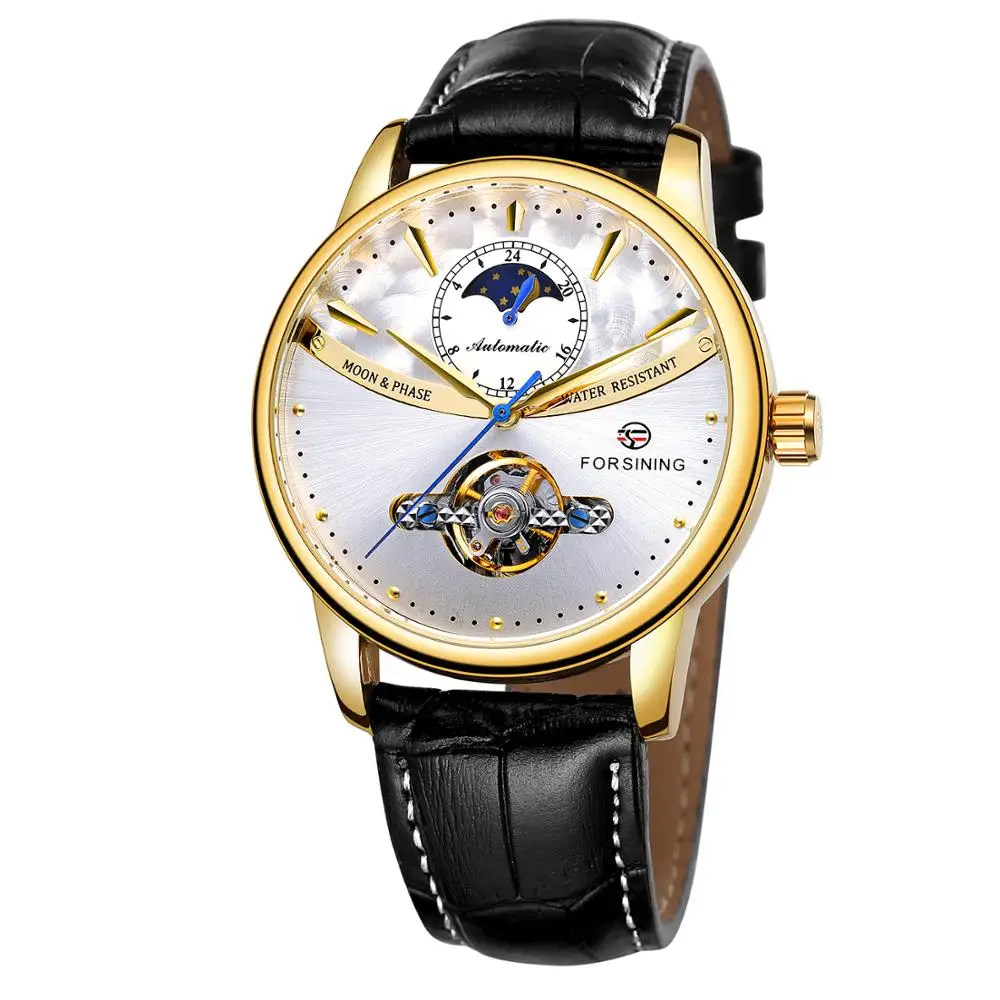 Forsining Tourbillon синие автоматические часы мужские классические Moonphase Дизайн Натуральная кожа Ремешок Водонепроницаемый Бизнес наручные часы подарок - Цвет: GOLD WHITE