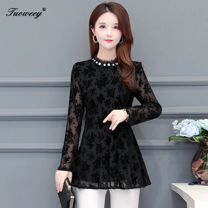 

women blouse shirt Fashion long sleeve Hollow out mesh shirt Elegant Diamond plus size shirt women tops and blouses