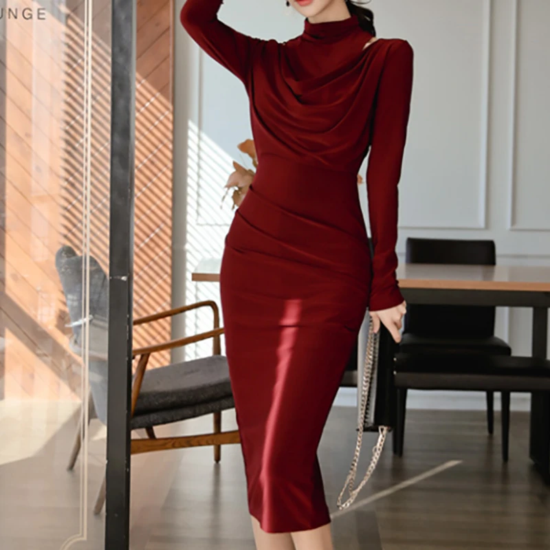 Тонкое платье-карандаш для женщин до колена офисные платья зима весна с длинным