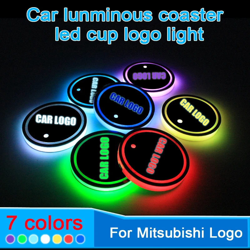 

2PCS Led Car Cup Holder Coaster For Mitsubishi logo Light For outlander 3 asx lancer 10 l200 pajero Accessorie
