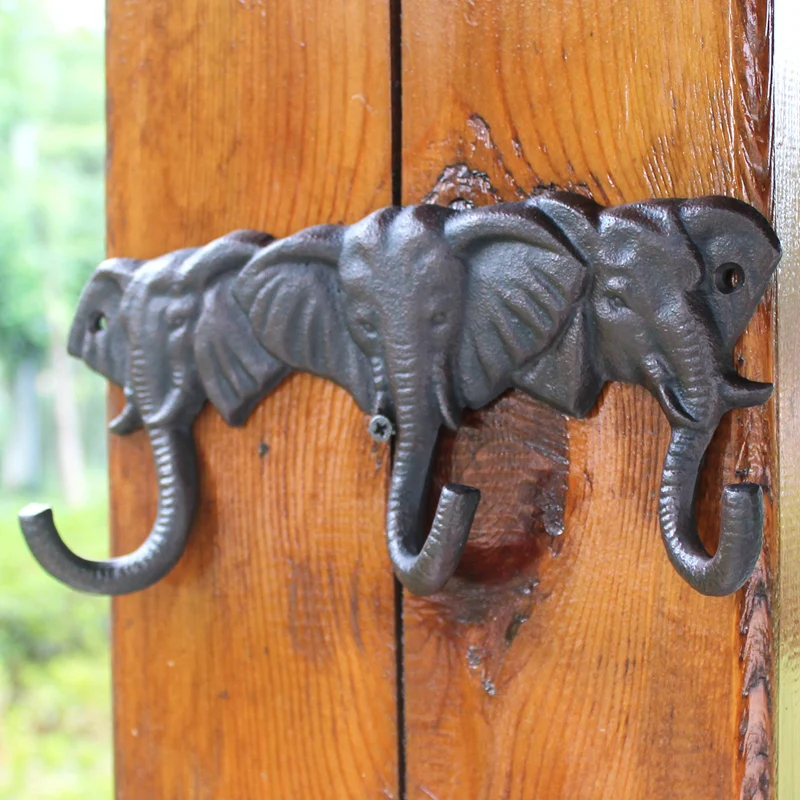 Hot livingroom Coat hooks -Elephant head 3 hooks-house wall key hanger decorative rack hat shelf cast iron rustic finished gift