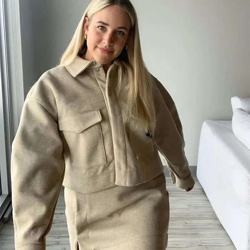 

Za Jacket Women 2021 Autumn Fashion Vintage Cropped Woolen Jacket Coat Woman Casual Long Sleeve Street Female Jackets Chic Tops