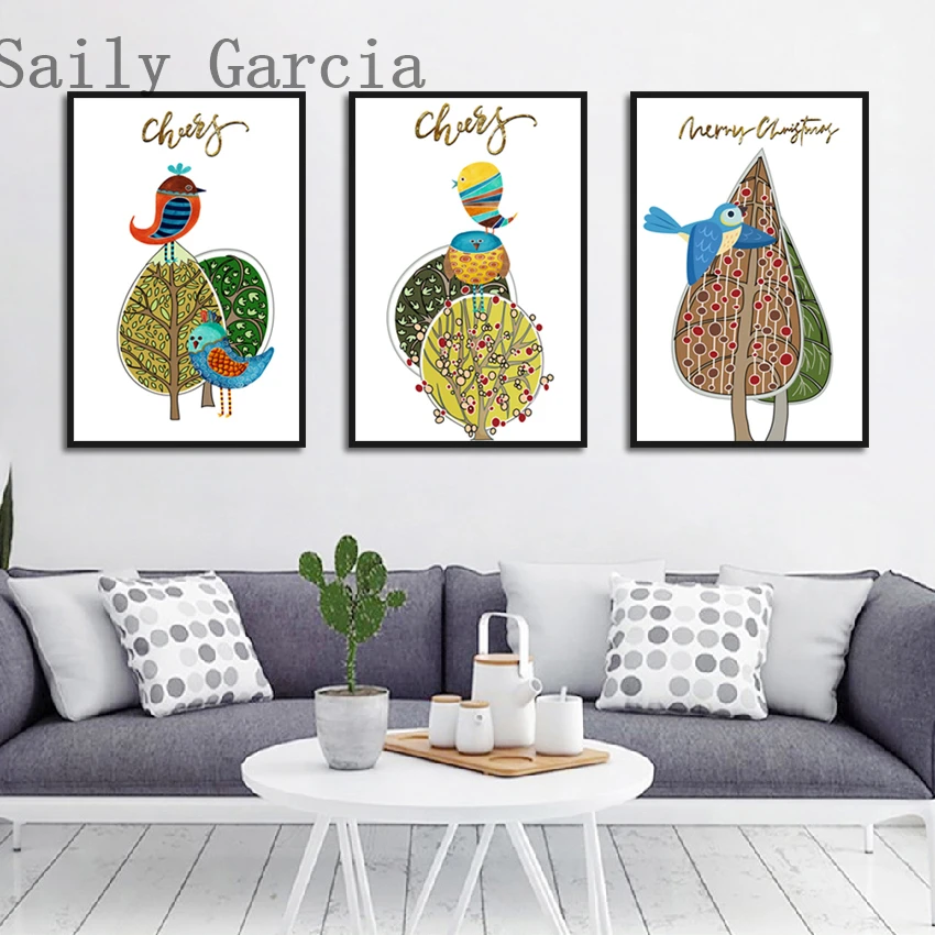 

Lovely Cartoon Animal Canvas Painting Colorful Bird Tree Hand-Painted Poster Printing Modular Wall Pictures for Living Room