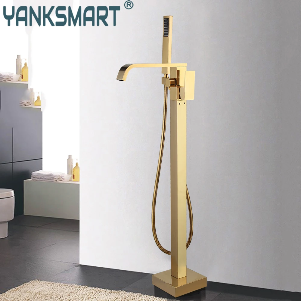 

YANKSMART Gold Bathroom Faucet Waterfall Spout Floor Standing With Rainfall Shower Head Faucet Bathtub Mixer Water Tap Combo Kit