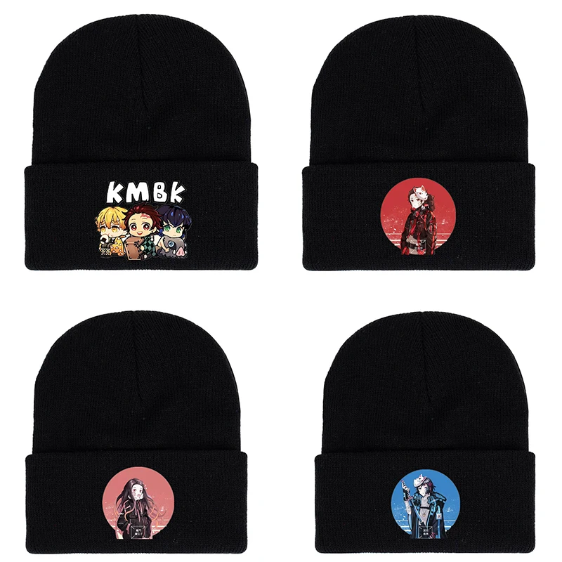 

Зимняя кепка Kimetsu No Yaiba для женщин и мужчин, Теплые повседневные облегающие шапки, теплая вязаная шапка аниме, модные эластичные шапки с прин...