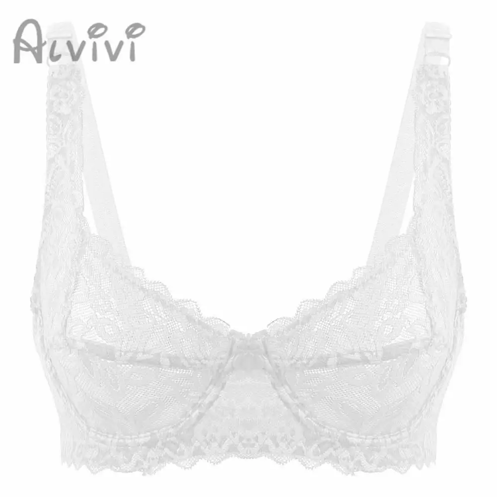 

alvivi Womens Ultra-thin Lingerie Solid Pure Lace Bra Top See Through Sheer Spaghetti Straps Unlined Underwire Full Cup Bra Top