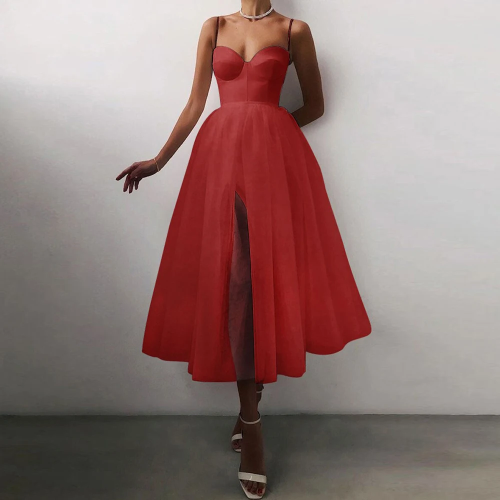 

Women Vintage Mesh Solid Color Formal Dress French Chest Warpping Strap Evening Party Dresses
