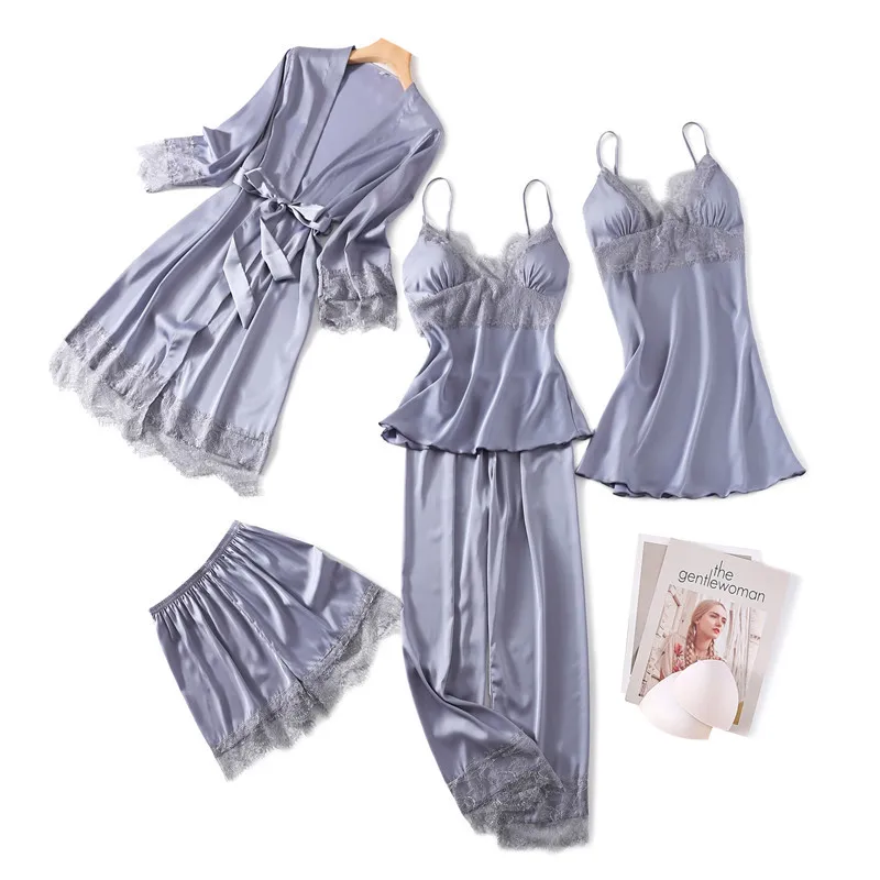 

Women Satin Sexy Nightwear Lace Intimate Lingerie Kimono Bathrobe Gown Home Clothing Casual Wedding Robe Set 5PCS Sleep Set