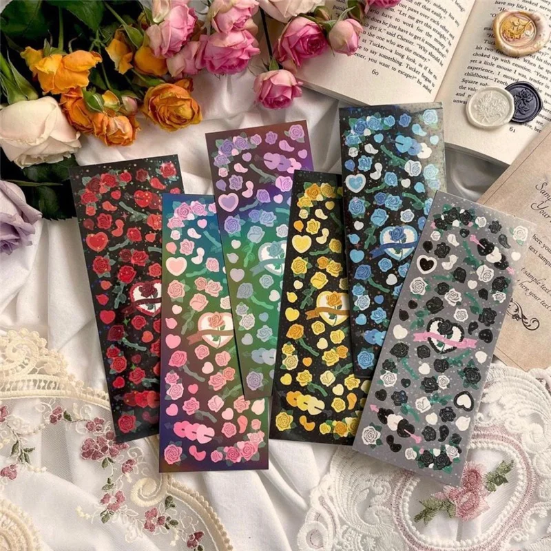 

SKYSONIC Korean Flower Rose Stickers Beautiful Shiny Laser Phone Stationery Idol Card DIY Material Decorative Sticker Supplies