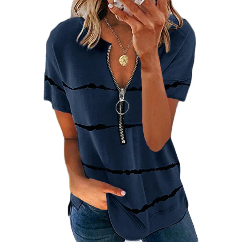 

Women's Fashion Summer Oversized T-shirt V-neck Zipper Shirt Striped Print Casual Women's Short Sleeve Top Loose Plus Size Women