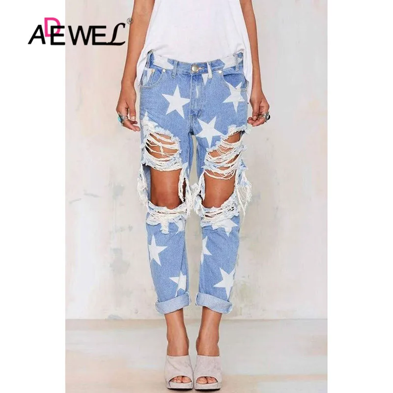 Женские рваные джинсы-бойфренды ADEWEL Синие джинсы с пятиконечной звездой