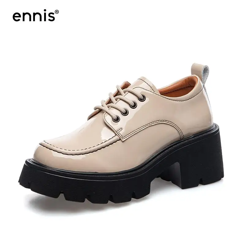 

Туфли-оксфорды женские ENNIS, черные, из лакированной кожи, на платформе, на массивном каблуке, весна-осень, 2021