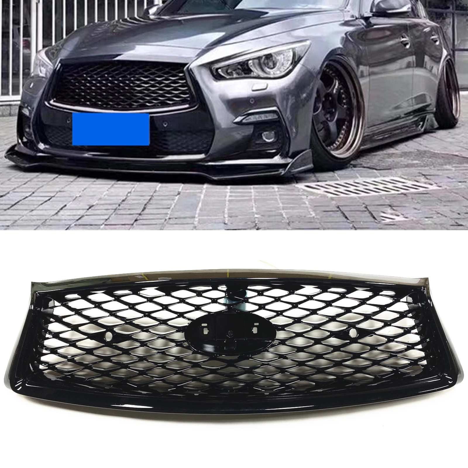 

For Infiniti Q50 Q50S 2018-2023 All Models Front Grille Racing Grill Honeycomb Style Gloss Black Upper Bumper Hood Mesh Grid Kit