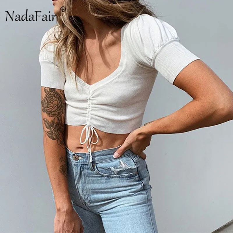 Nadafair String Puff Top White Knitting Short Sleeve Crop Casual Blue Summer Tank Tops Women | Женская одежда