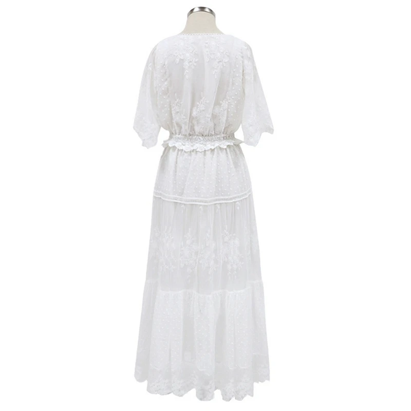 

Hollow Out White Dress Sexy Women Long Lace Dress Cross Semi-Sheer Plunge V-Neck Short Sleeve Lace Maxi Dress