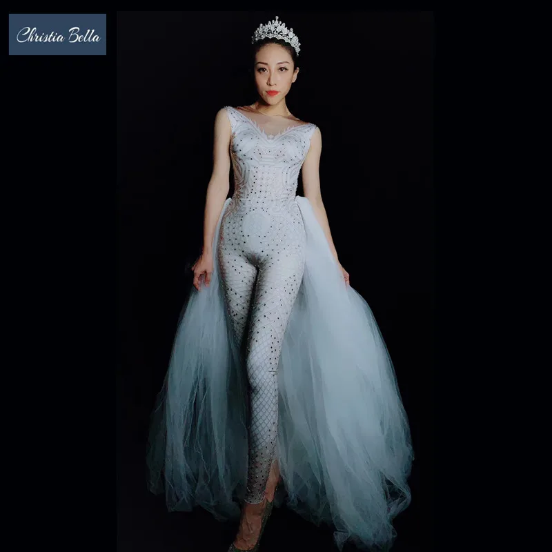 New Personality White Rhinestones Women Party Jumpsuits with Mesh Hemline Stage Singer Costumes Skinny Bodysuit Dancer Rompers