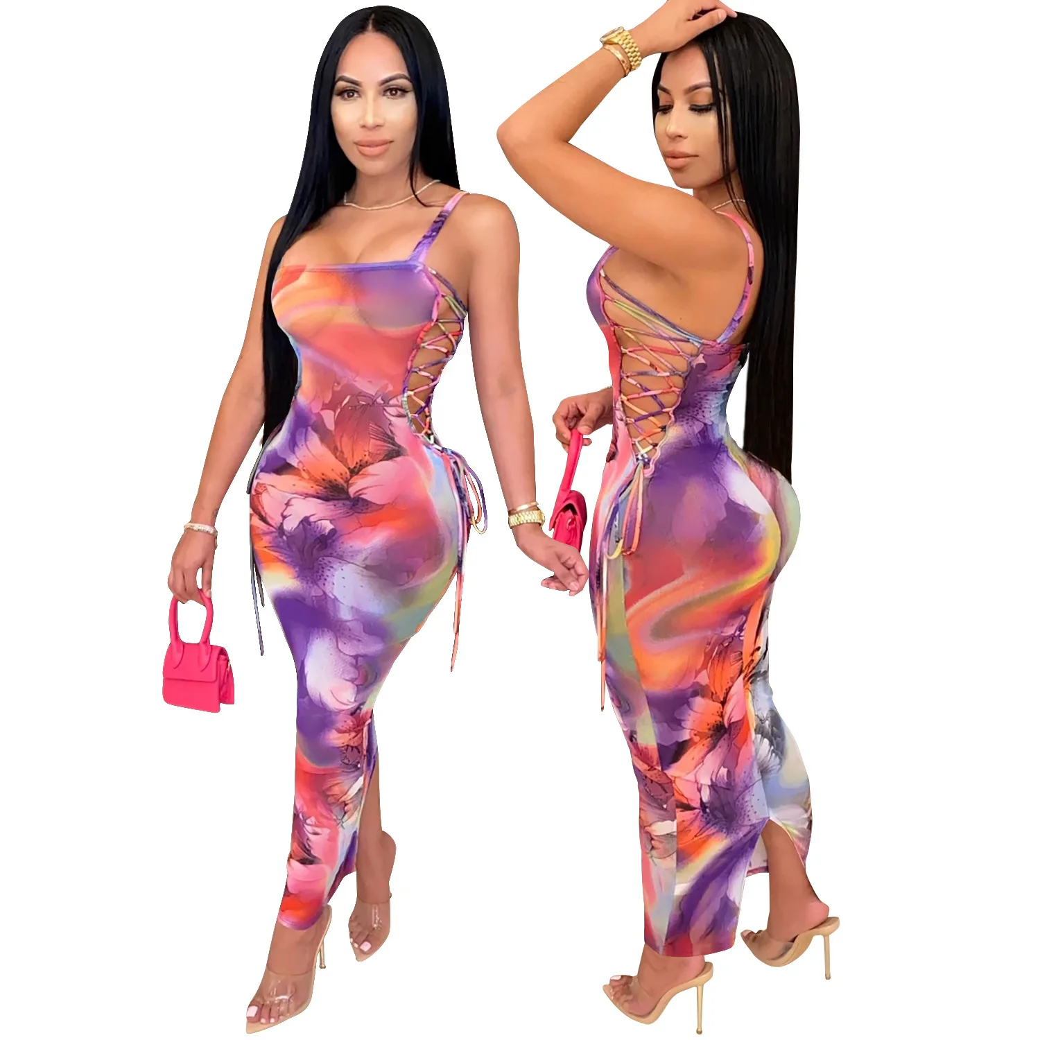 Zoctuo Tie Dye Print Maxi Long Dress Sexy Women Mesh See Though Club Spaghetti Strap Lace Up Side Bodycon | Женская одежда