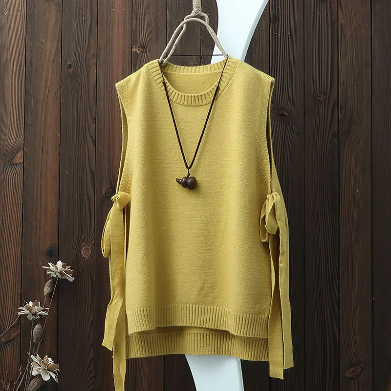 Женский весенний пуловер без рукавов Вязанный жилет с круглым вырезом тонкий