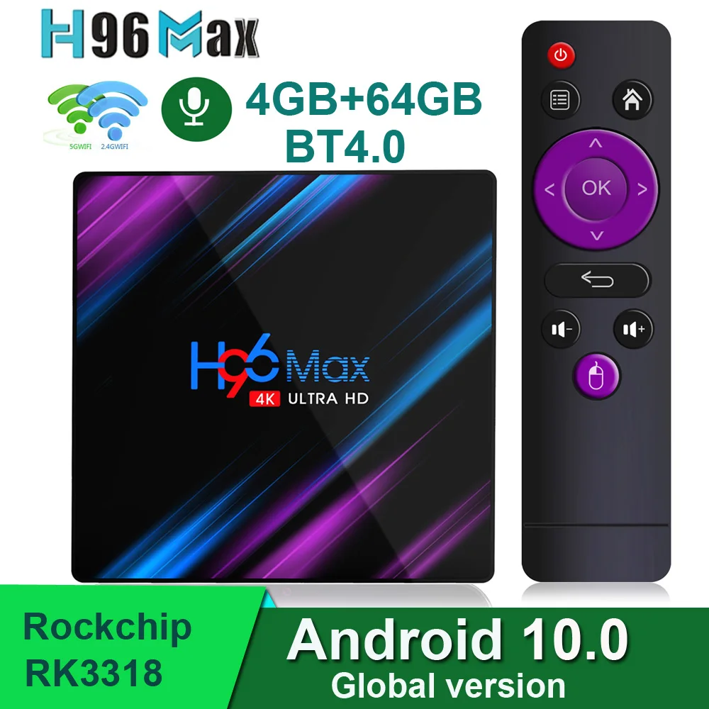 

H.265 HDR Rockchip RK3318 2 ГБ 4 ГБ ОЗУ 16 ГБ 32 ГБ 64 Гб 4K 2,4G Φ Wifi BT4.0 Youtube Google Play Android 10.0 ТВ-приставка H96 MAX