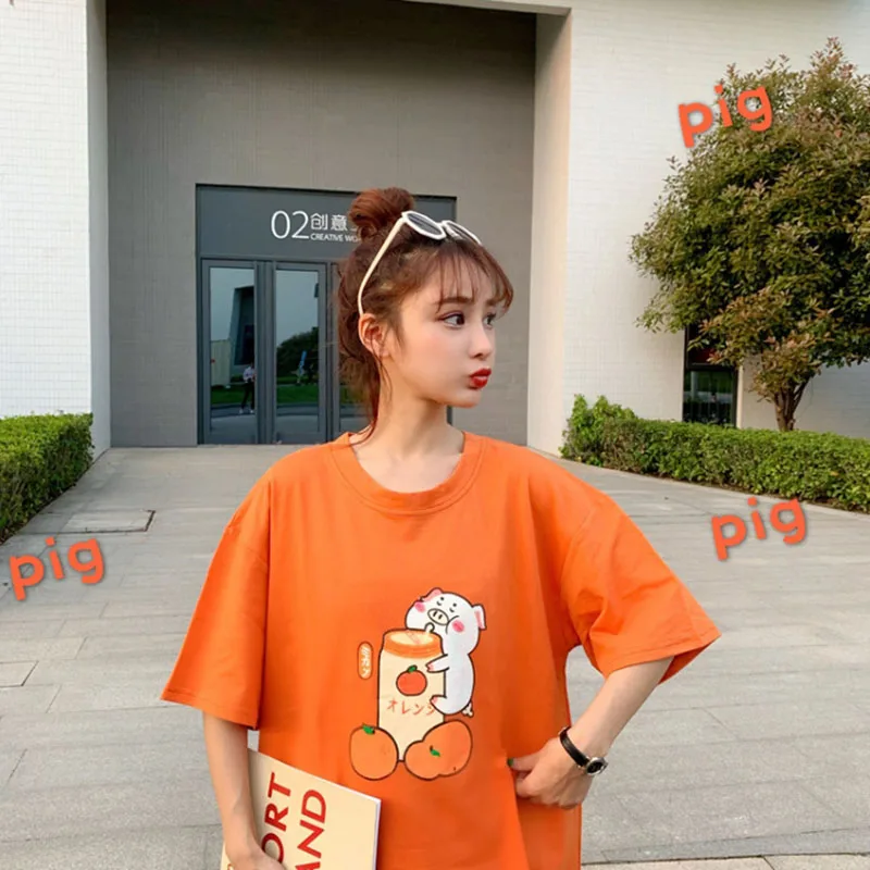 

2021 Summer New Harajuku casual women t-shirt peach cartoon print high street cotton Tee shirts female short-sleeved pink tops