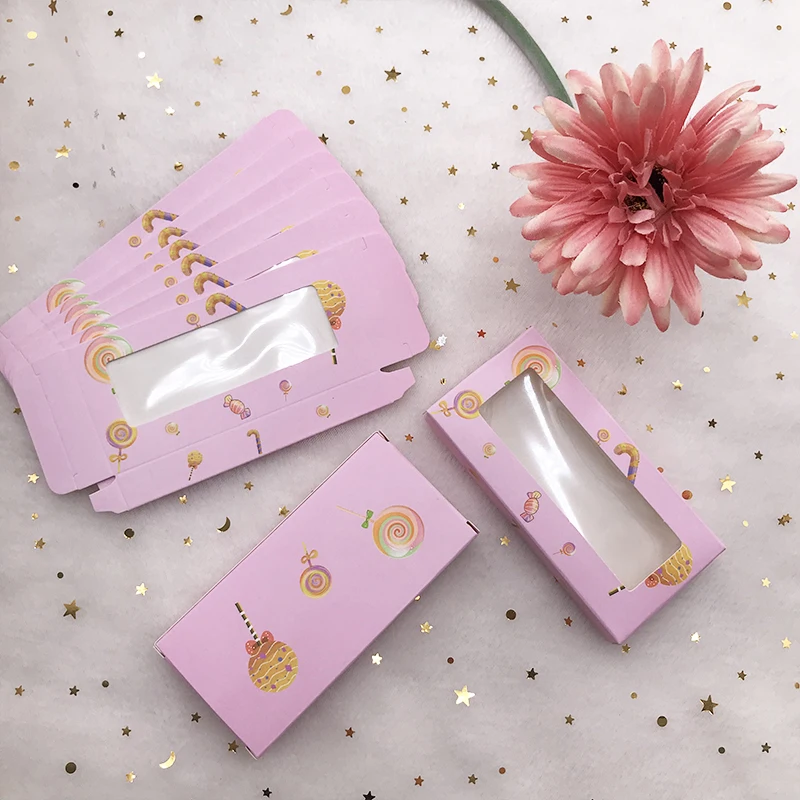 

Wholesale false eyelash box candy soft box packaging two colors for 25mm 27mm Long Eyelashes