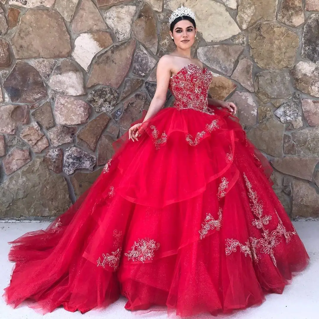 

Великолепные красные платья Quinceanera с золотой кружевной аппликацией бальное платье Сексуальное Милое корсет платье Тюлевое Многоярусное ми...